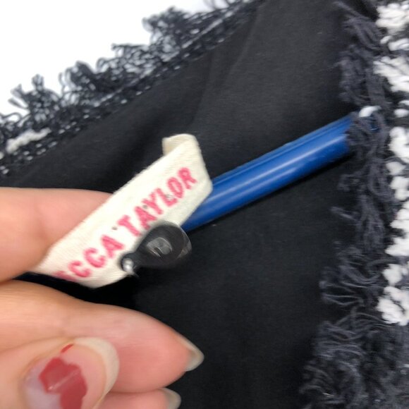 Rebecca Taylor Black White Tweed stripe leather cap sleeve Midi flare Dress 6 - Picture 6 of 13